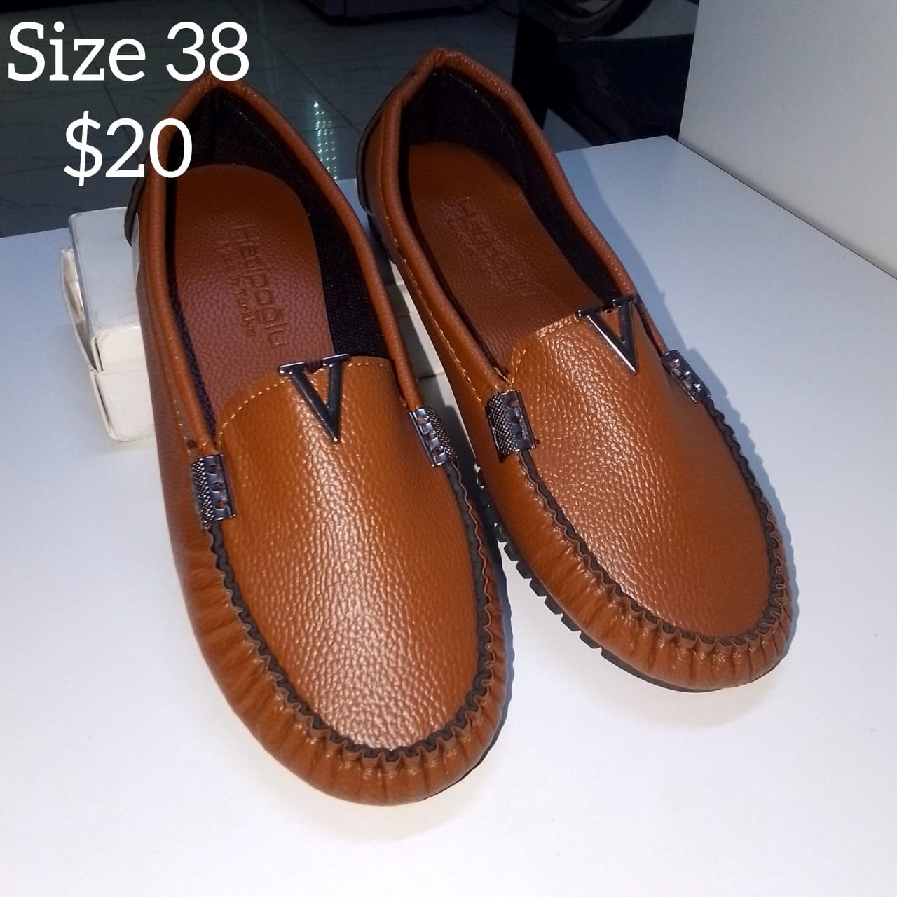 Tan Leather V-Trim Loafers (Size 38)